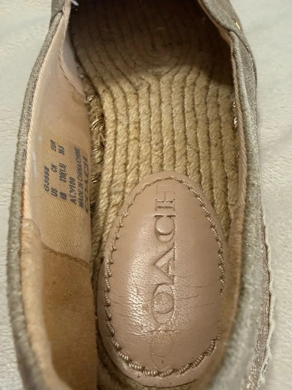 Coach Metallic Champagne Leather Espadrille Flats Slip-On Shoes Women’s 6B